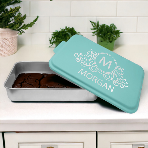 engraved monogram personalized cake pan with lid set