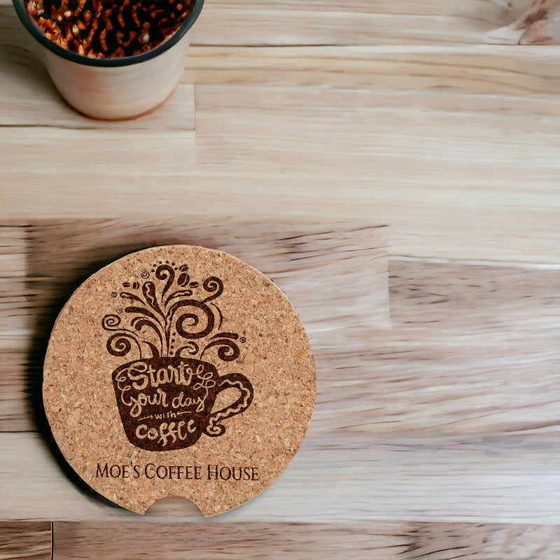 engraved cork car coaster logo 