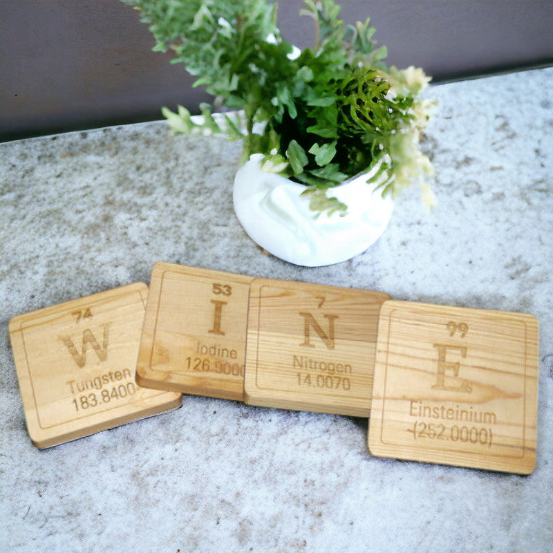 engraved wood coaster set wine periodic table of elements gift for science geeks