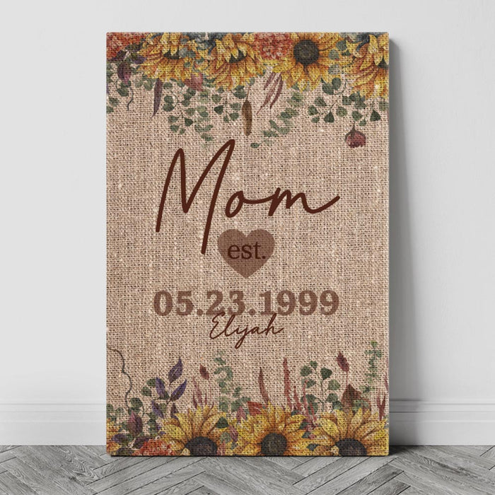 Personalized Grandma / Mom Mother & Child Established Sunflower Burlap Rustic Canvas Art