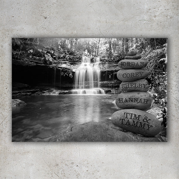 Personalized Waterfall Forest Canvas Wall Art - Engraved Names on Stacked Stones