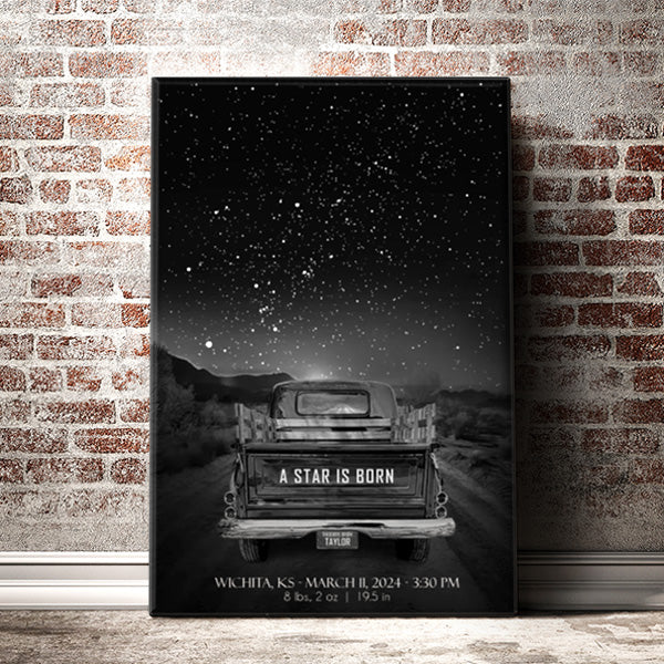 Custom Star Map Vintage Truck Canvas Print - Personalized Night Sky Art for Memorable Occasions
