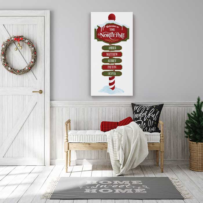 North Pole Extra Large Christmas Art Canvas Wall Art with Personalized Family Names