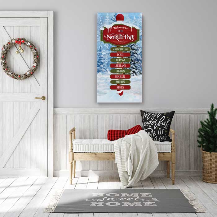 North Pole Extra Large Christmas Art Canvas Wall Art with Personalized Family Names