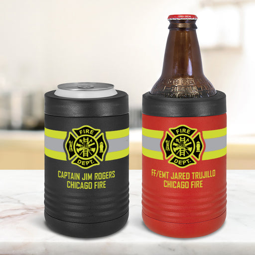 Close-up of custom firefighter can cooler, featuring detailed Fire Dept Maltese Cross design, the perfect beverage holder for firefighters and heroes.