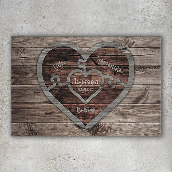 Personalized Family Love Name Wood Heart Puzzle - Canvas Wall Art