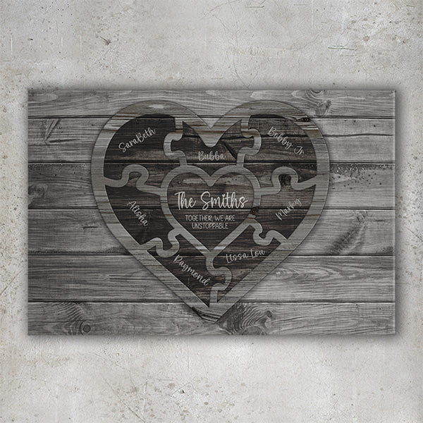 Personalized Family Love Name Wood Heart Puzzle - Canvas Wall Art