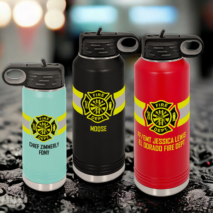 Variety of 17 colors available for our custom firefighter water bottles, each crafted with precision and care in the Midwest, making it an ideal and unique gift for any fire personnel. 20 oz, 32 oz, and 40 oz personalized firefighter water bottles with maltese cross.