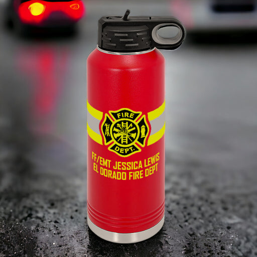 Experience the personal touch with our custom firefighter stainless steel water bottle featuring a detailed Fire Dept Cross and bunker gear stripe, the perfect personalized gift for firefighters and heroes.