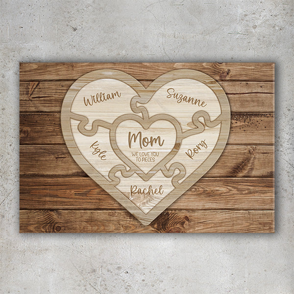 Personalized Family Love Name Wood Heart Puzzle - Canvas Wall Art
