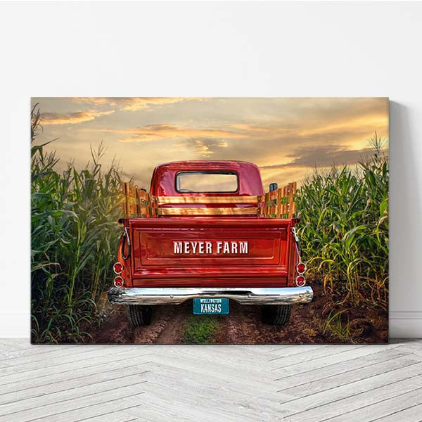Muddy Corn Field Farm Road Vintage Red Truck Wall Decor Art Print