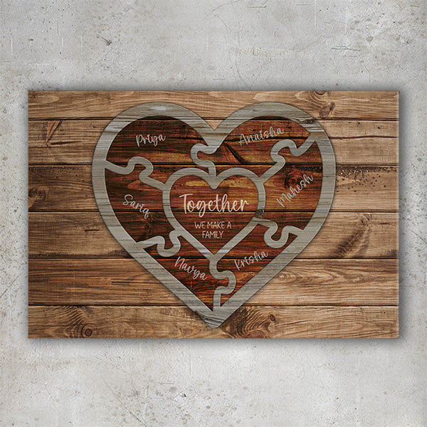 Personalized Family Love Name Wood Heart Puzzle - Canvas Wall Art