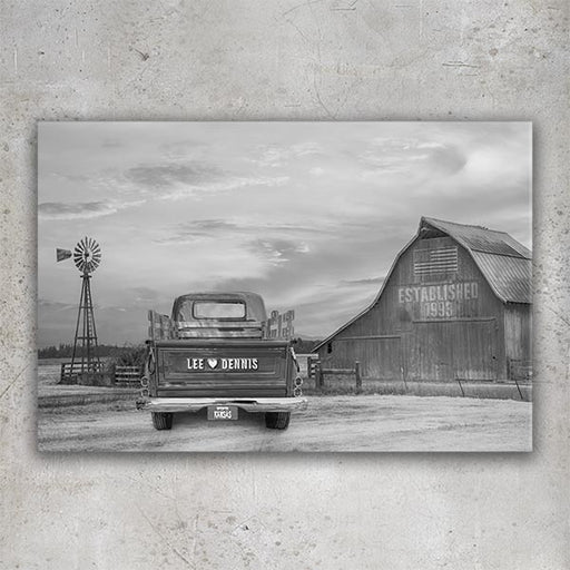 Black and white kansas farm barn art with windmill and vintage personalized truck and license plate.