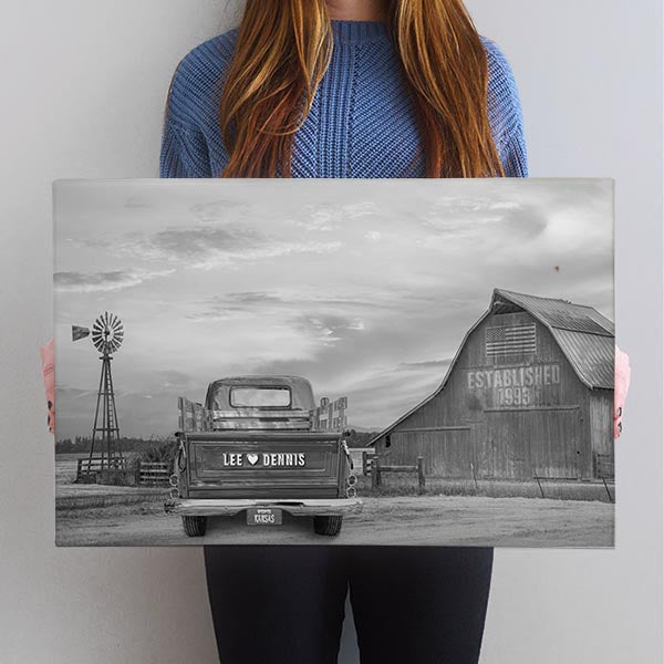 Old Farmhouse Windmill Vintage Truck Canvas Print | Personalized Country Barn Wall Art