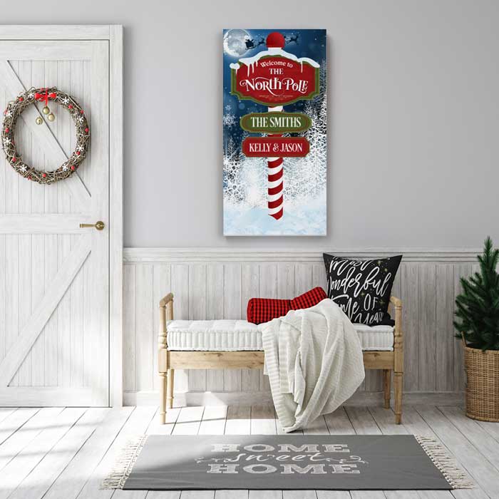 North Pole Extra Large Christmas Art Canvas Wall Art with Personalized Family Names