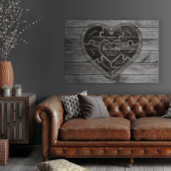 Personalized Family Love Name Wood Heart Puzzle - Canvas Wall Art