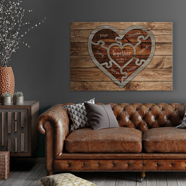Personalized Family Love Name Wood Heart Puzzle - Canvas Wall Art