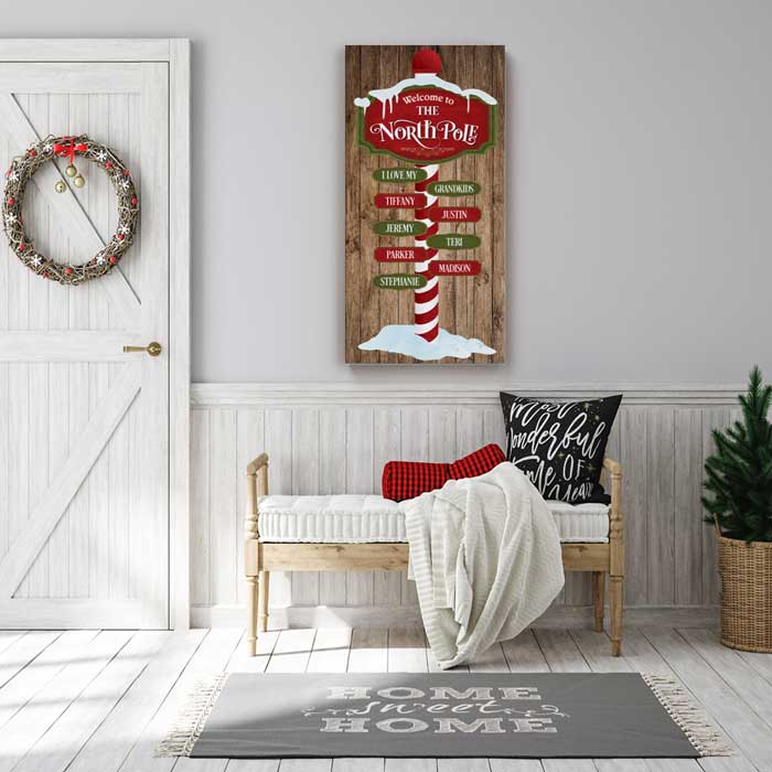 North Pole Extra Large Christmas Art Canvas Wall Art with Personalized Family Names