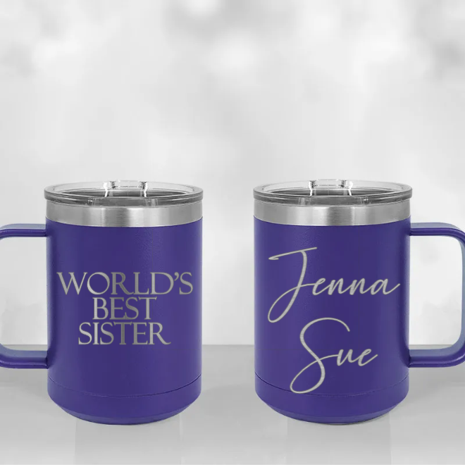 Personalized Tumbler with Handle - Custom Text - Laser Engraved Name or Monogram
