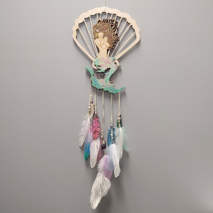 wood mermaid dreamcatcher feathers beads shell gold pink teal green white gift present