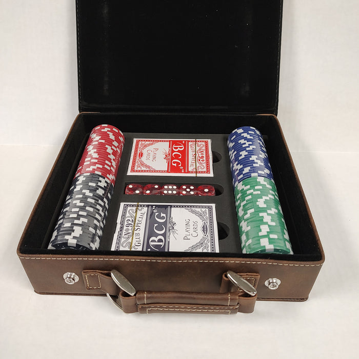 Personalized Faux Leather 100 Chip Poker Set (Chips, Cards Dice)