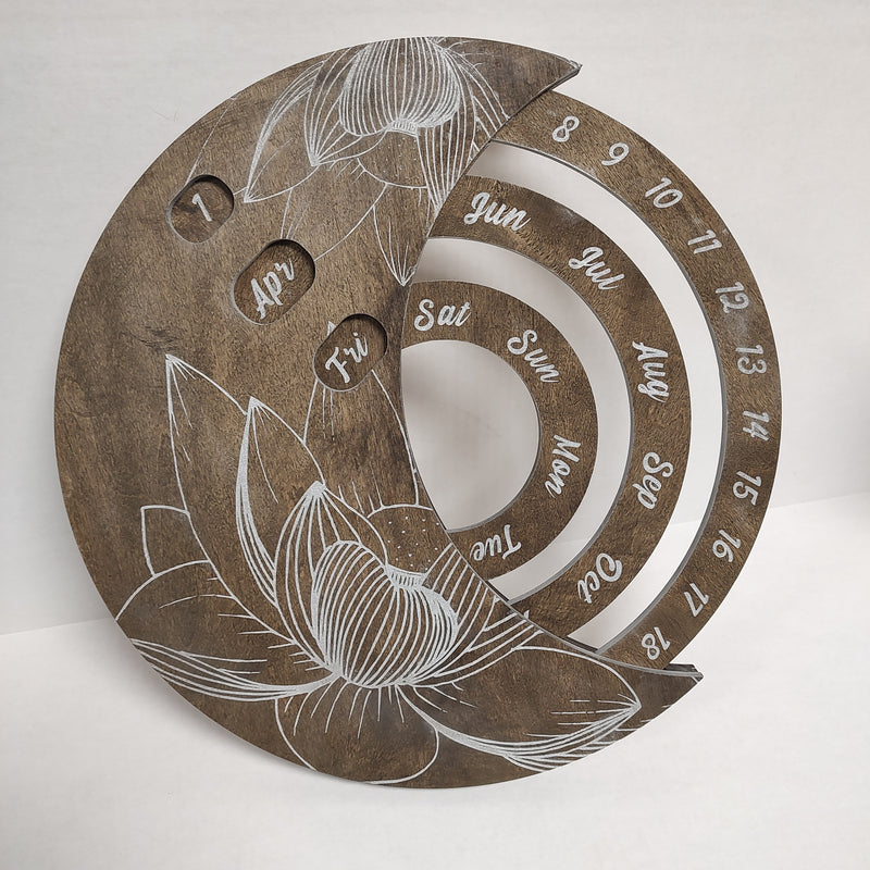 Wooden Moon Calendar Dates Months Weeks Lotus Stained Wood Turns