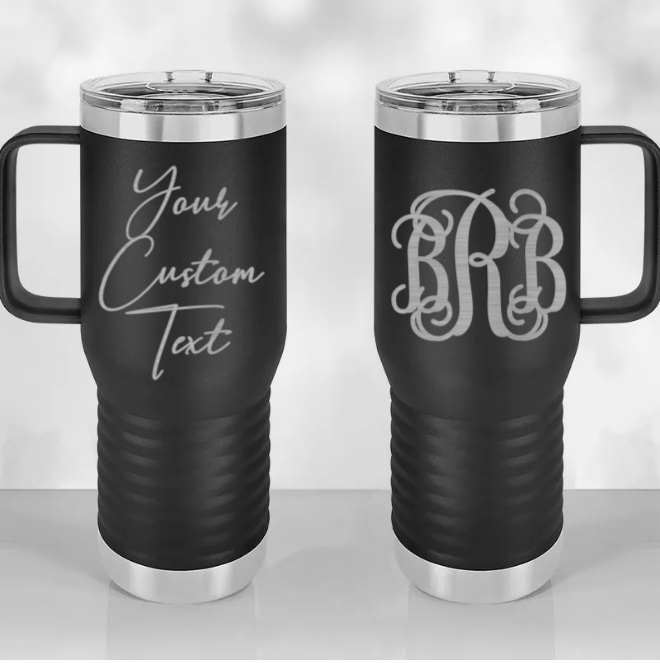 Personalized Tumbler with Handle - Custom Text - Laser Engraved Name or Monogram