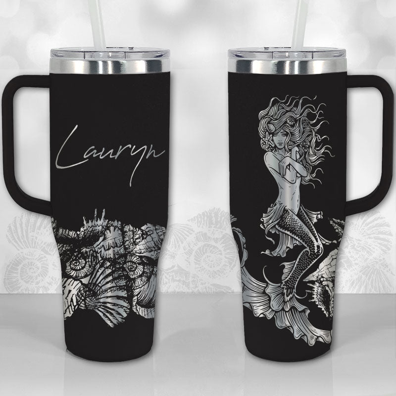 Beautiful personalized mermaid seashell 40 oz tumbler with handle - full wrap design - custom name or monogram