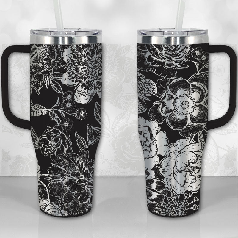 40 oz Tumbler with Handle - Peonies and Roses Floral Pattern