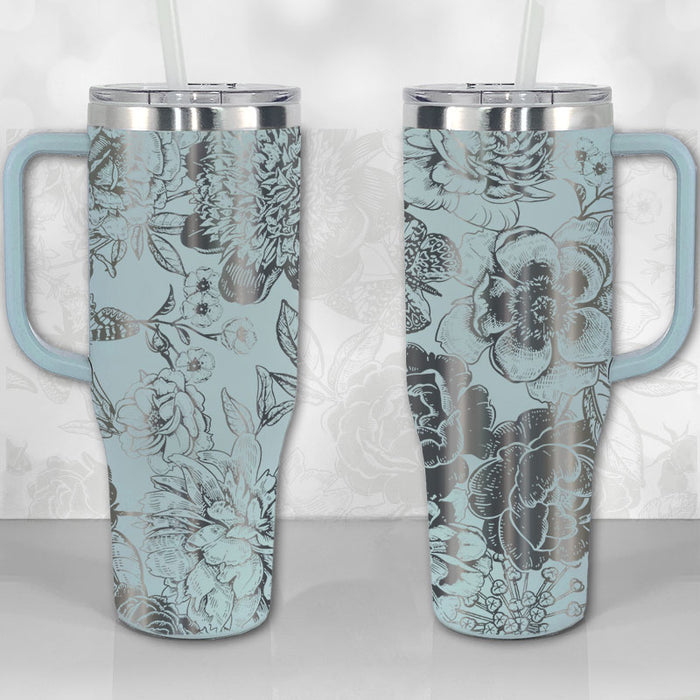 40 oz Tumbler with Handle - Peonies and Roses Floral Pattern