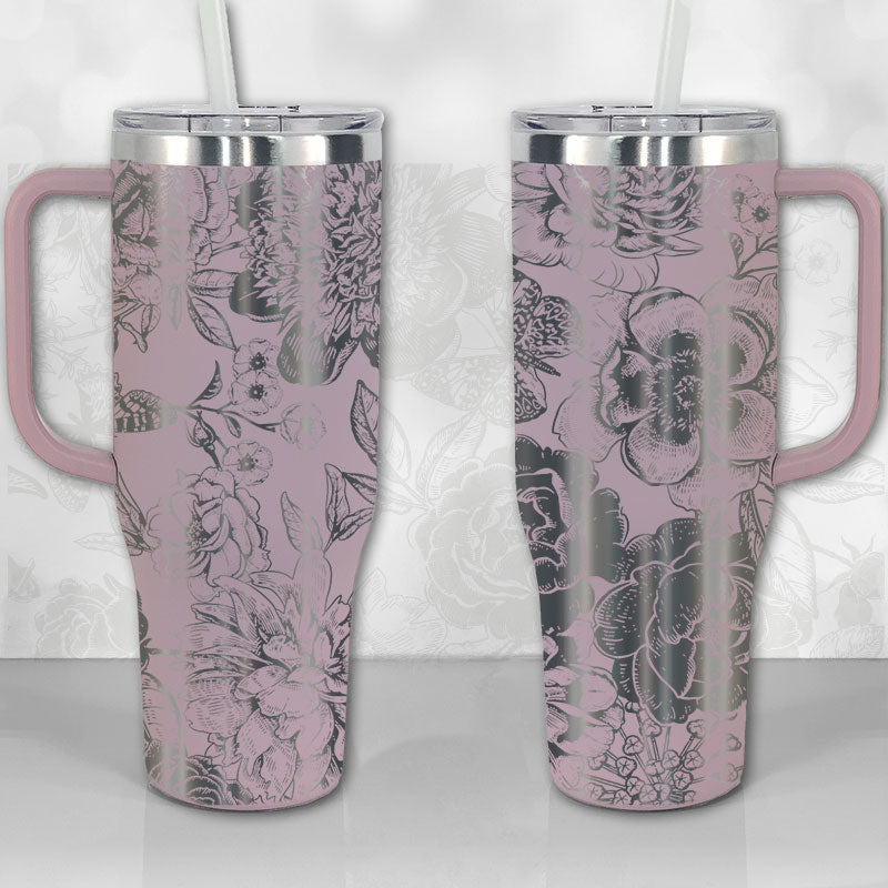 40 oz Tumbler with Handle - Peonies and Roses Floral Pattern