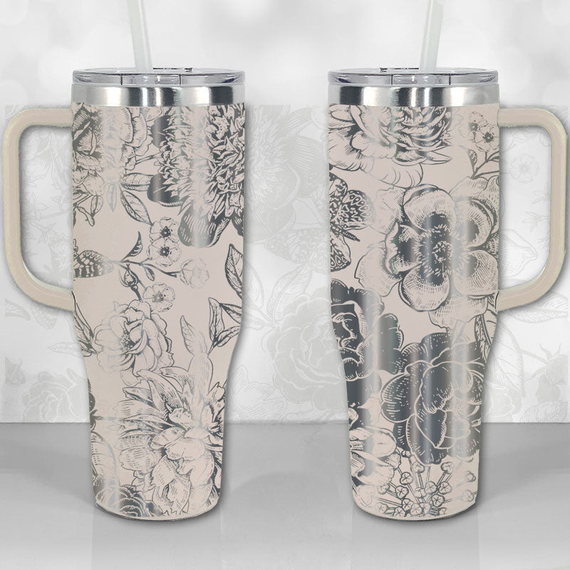 40 oz Tumbler with Handle - Peonies and Roses Floral Pattern