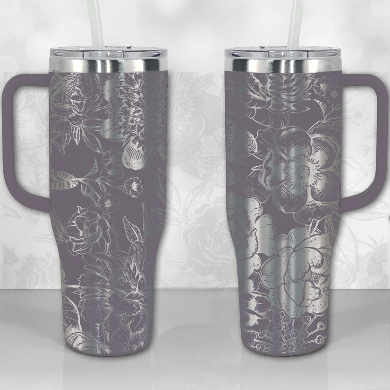 40 oz Tumbler with Handle - Peonies and Roses Floral Pattern