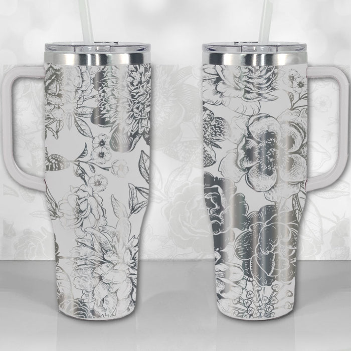 40 oz Tumbler with Handle - Peonies and Roses Floral Pattern