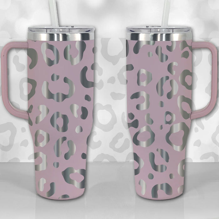40 oz stainless steel tumbler with handle. Black with leopard print design.