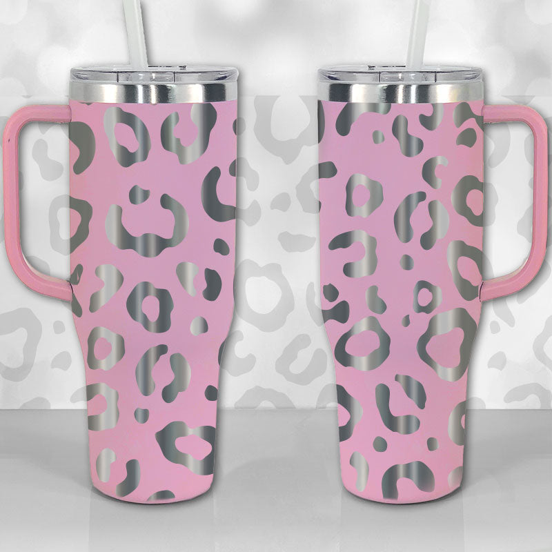 40 oz Tumbler with Handle - Laser Engraved Leopard Print Design