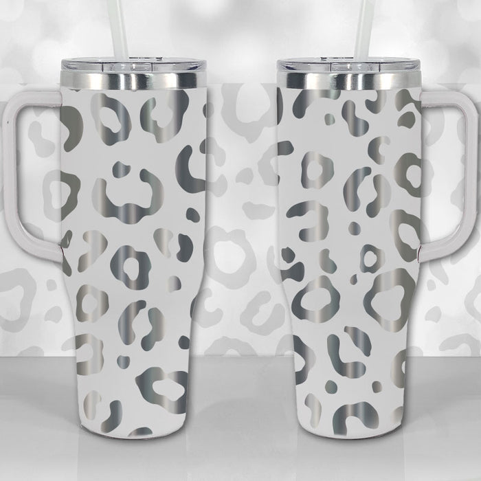 Lashicorn 40 oz. Tumbler with Handle and Straw White Leopard Silver 10” Tall Cup Lid Included Insulated Stainless Steel Vacuum Travel Mug Boutique