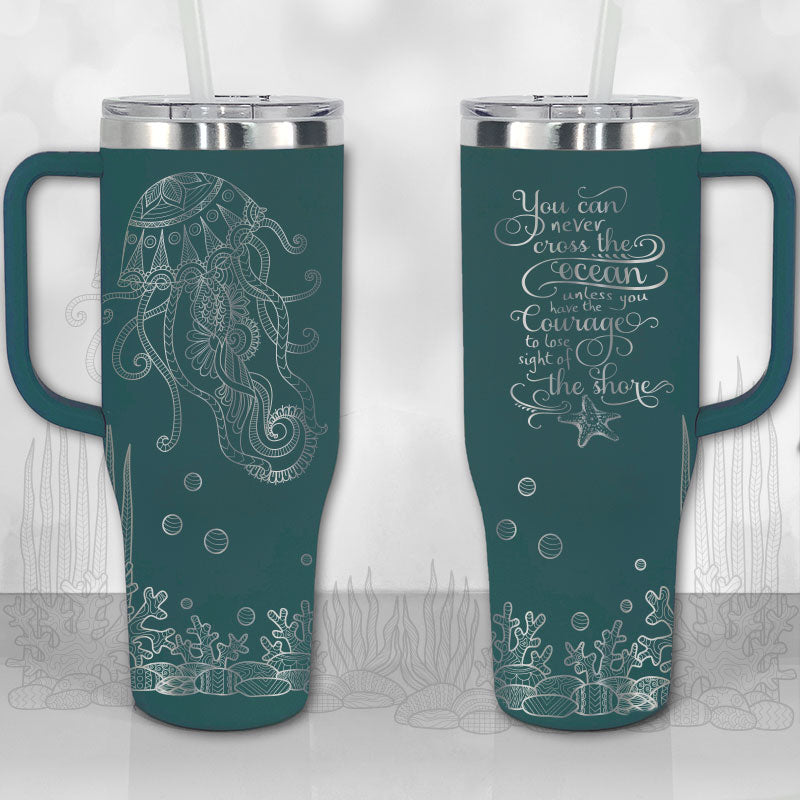  beautiful motivational quote on 360° full-wrap coral reef sea scene. You can never cross the ocean unless you have the courage to lose sight of the shore"