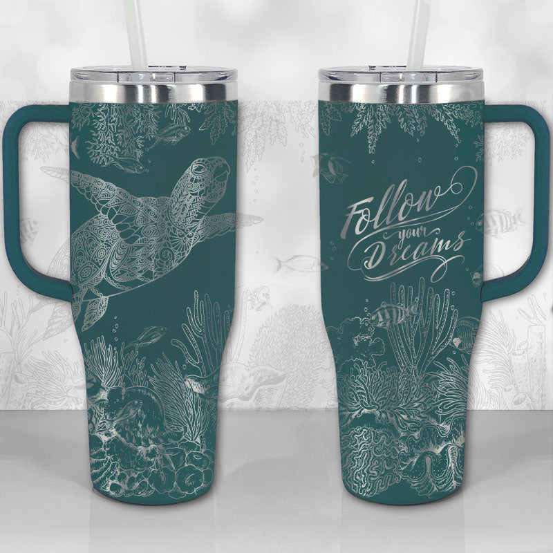 Personalized 40 oz Tumbler with Handle - Sea Turtle Reef Motivational Quote or Name