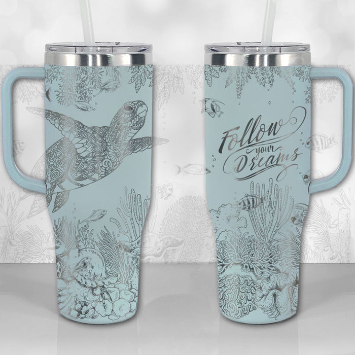 Personalized 40 oz Tumbler with Handle - Sea Turtle Reef Motivational Quote or Name