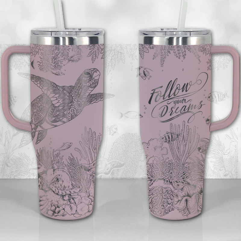Personalized 40 oz Tumbler with Handle - Sea Turtle Reef Motivational Quote or Name