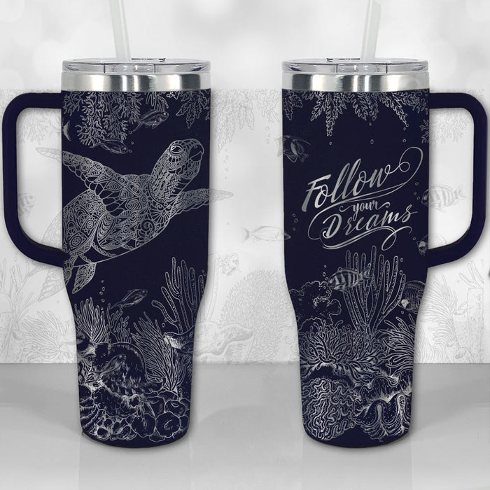 Personalized 40 oz Tumbler with Handle - Sea Turtle Reef Motivational Quote or Name