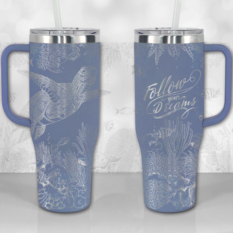 Personalized 40 oz Tumbler with Handle - Sea Turtle Reef Motivational Quote or Name