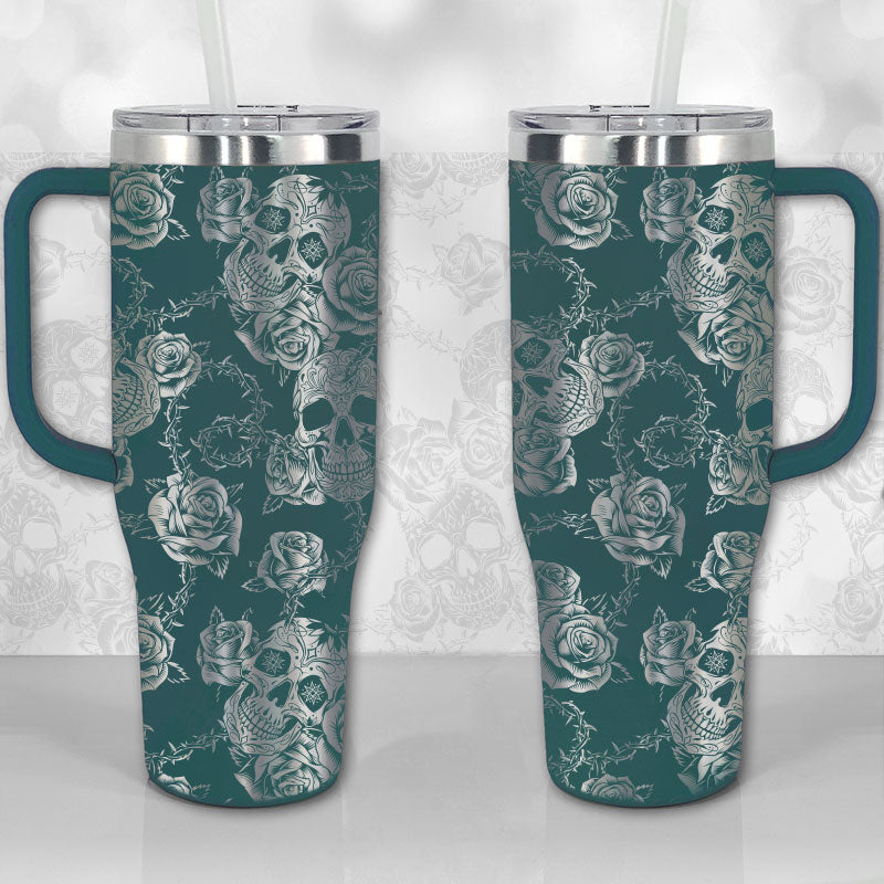 40 oz Tumbler with Handle - Sugar Skull and Roses Full Wrap Pattern
