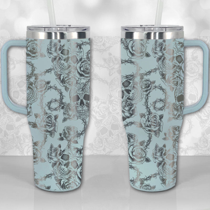 40 oz Tumbler with Handle - Sugar Skull and Roses Full Wrap Pattern