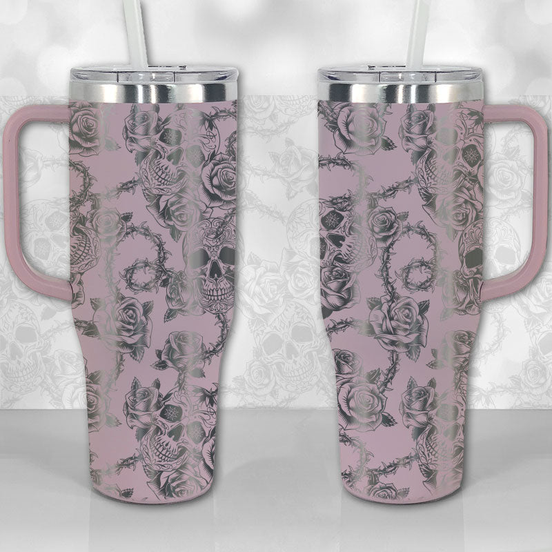 40 oz Tumbler with Handle - Sugar Skull and Roses Full Wrap Pattern