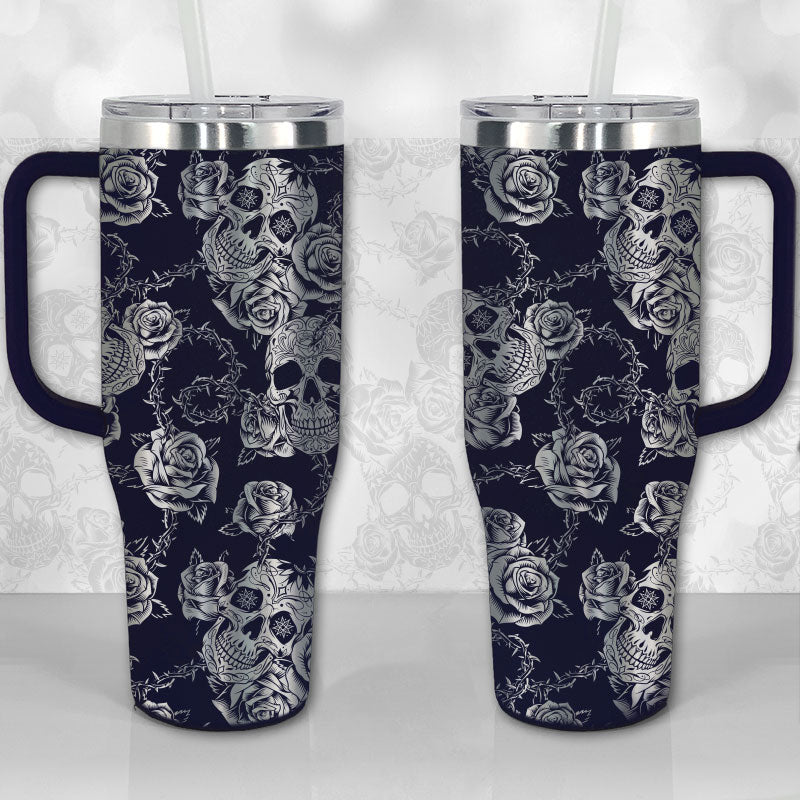 40 oz Tumbler with Handle - Sugar Skull and Roses Full Wrap Pattern