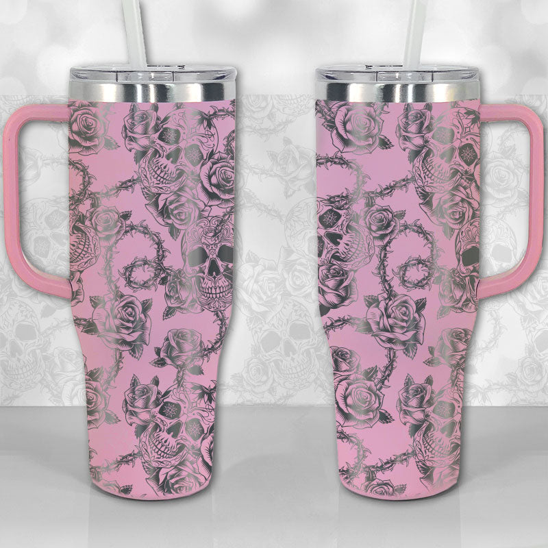 40 oz Tumbler with Handle - Sugar Skull and Roses Full Wrap Pattern