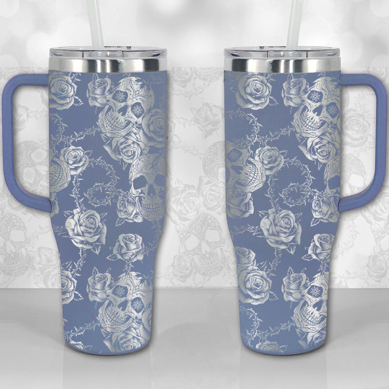 40 oz Tumbler with Handle - Sugar Skull and Roses Full Wrap Pattern
