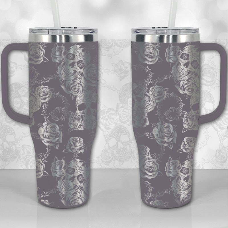40 oz Tumbler with Handle - Sugar Skull and Roses Full Wrap Pattern
